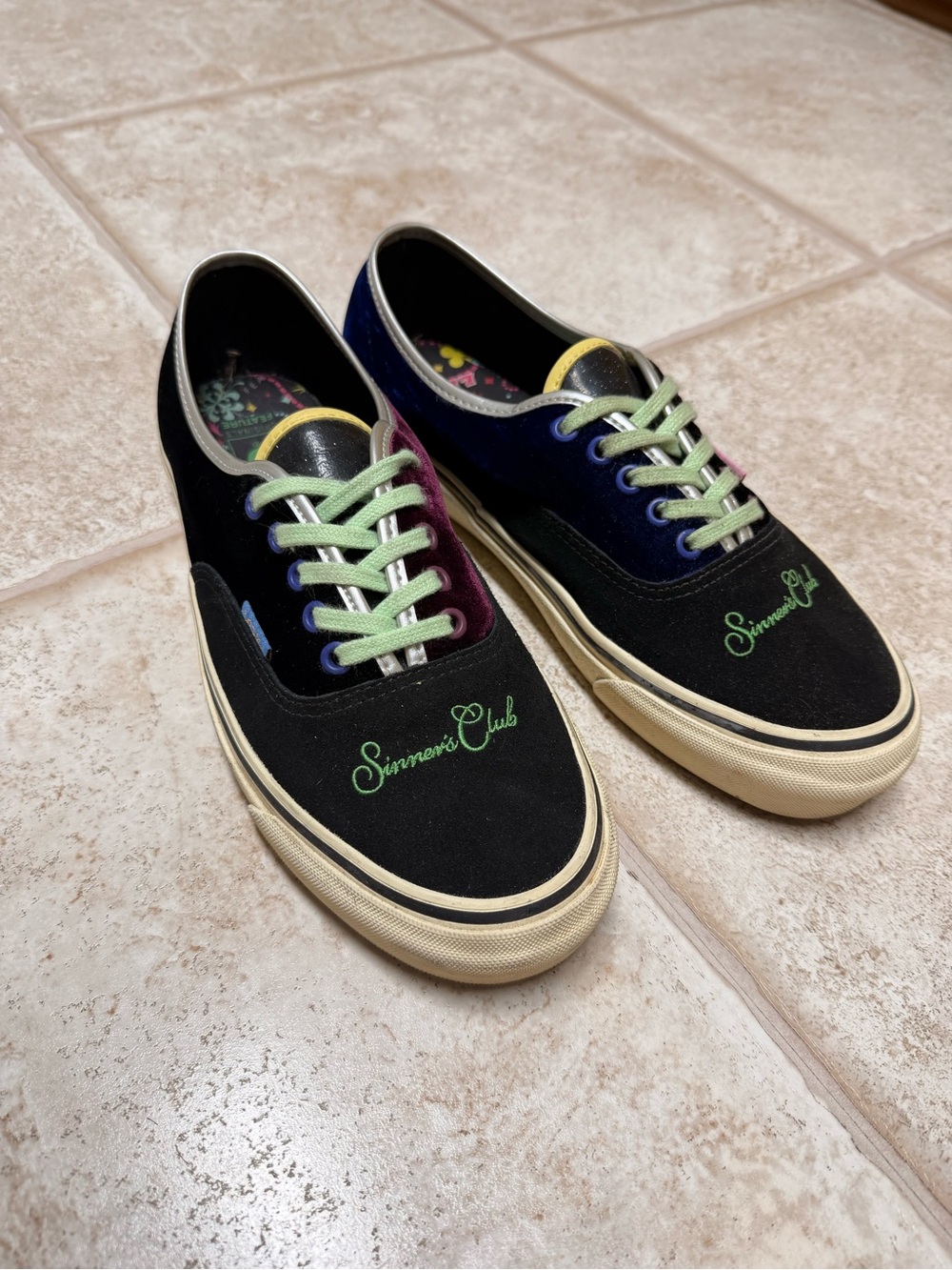 Vans Low Top Black Canvas Sneakers with Green Embroidery and Multicolor Panels